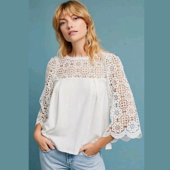 Anthropologie Tops - Anthropologie Lace White Swing Bell Sleeves Top